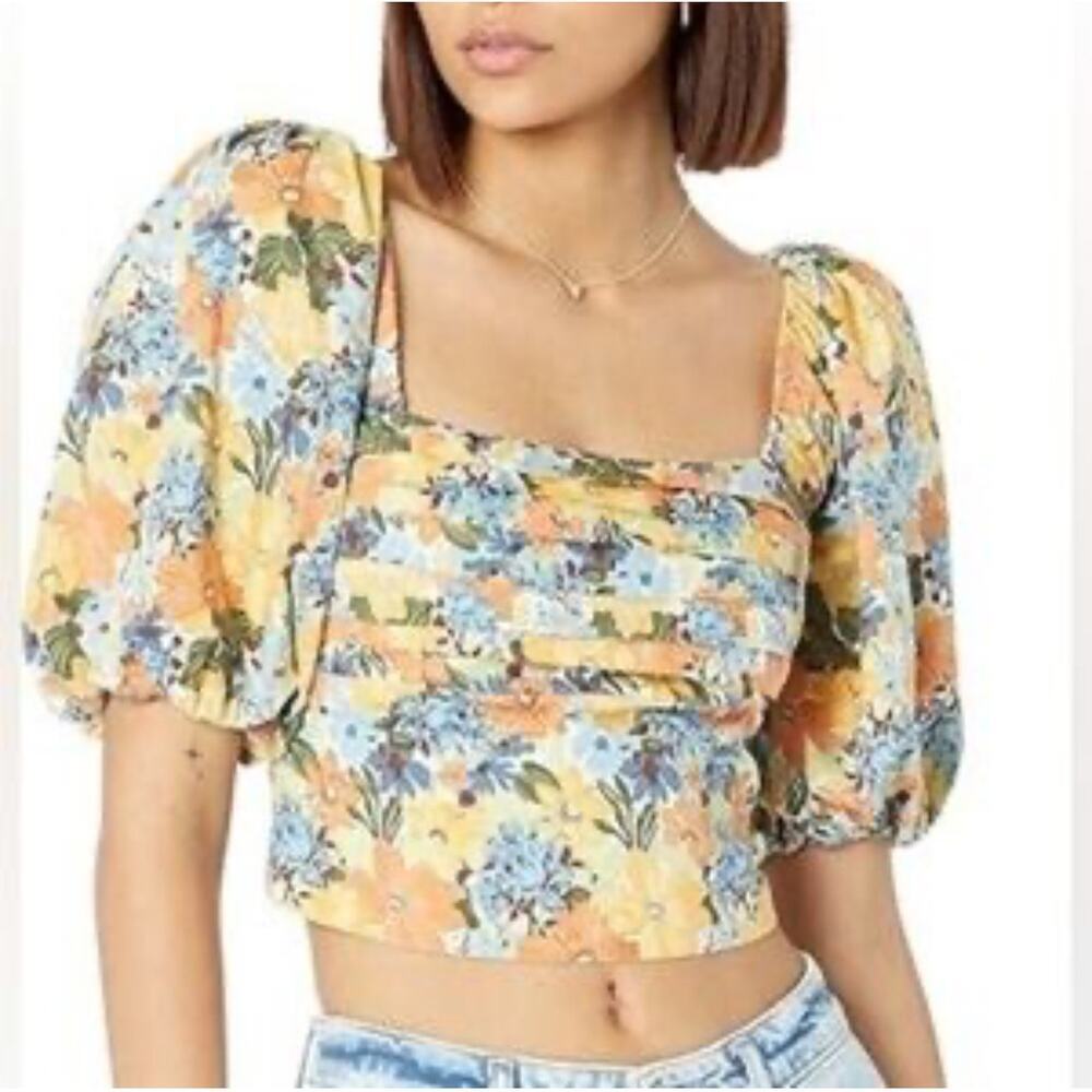 Abercrombie & Fitch square neck ruched puff sleeve top floral print, size large